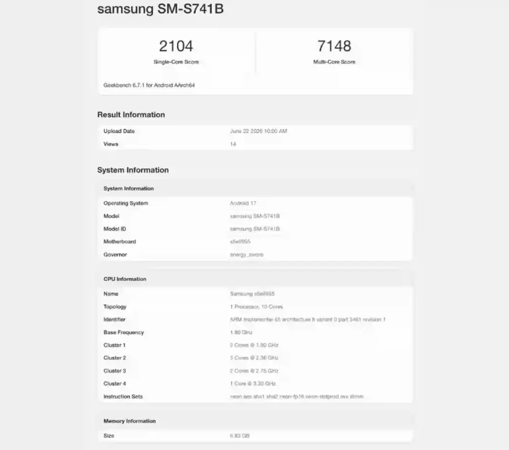 Samsung Galaxy S26 FE geekbench result exynos 2500 processor